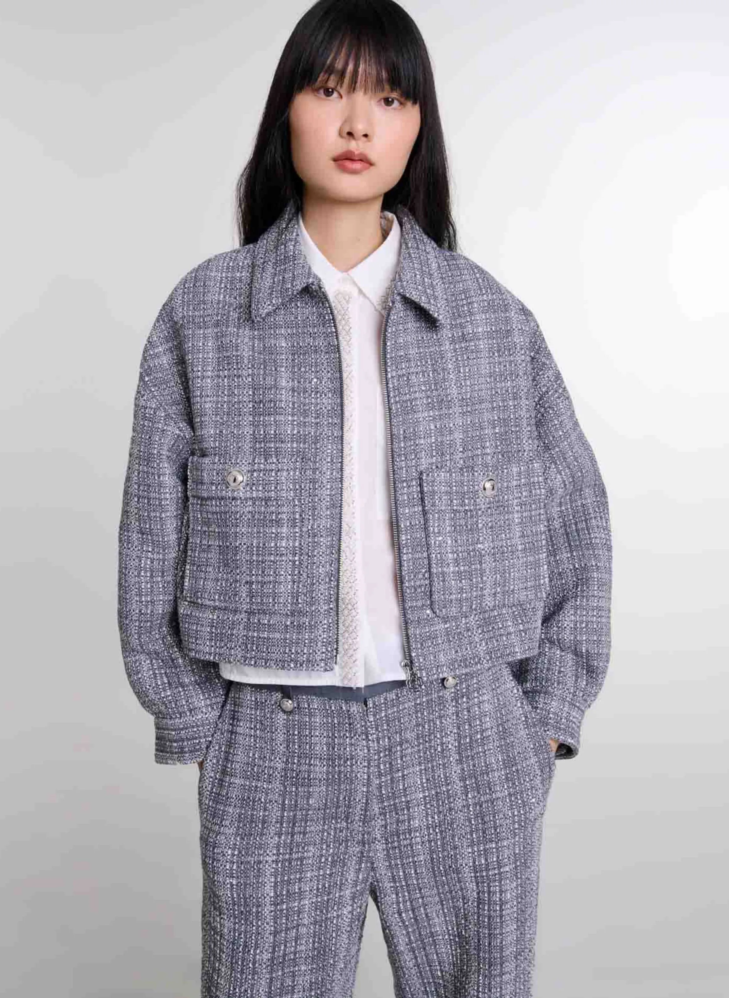 BLOUSON COL CLASSIQUE AMPLE EN COTON MéLANGé - MAJE pour FEMME | Printemps