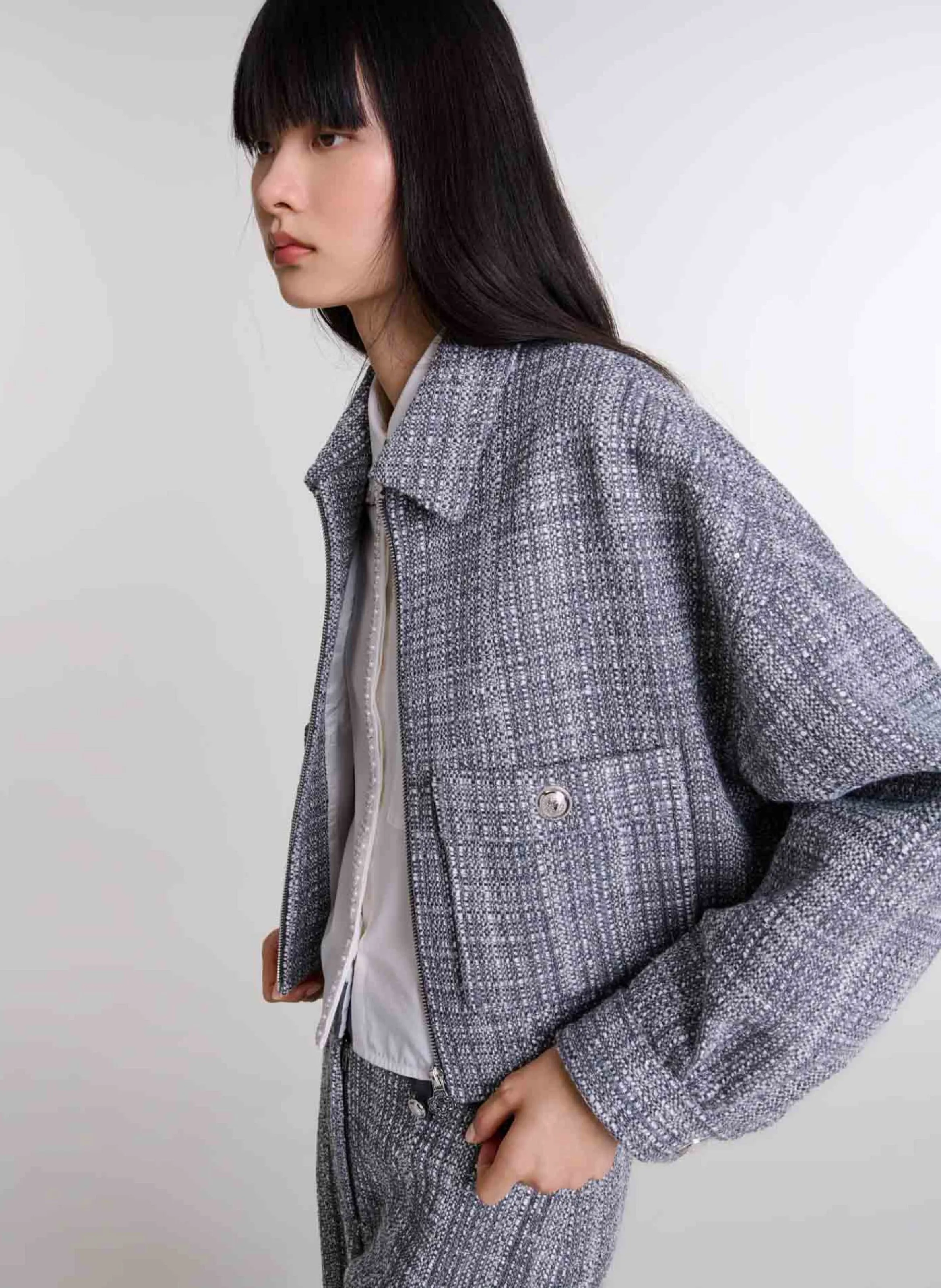 BLOUSON COL CLASSIQUE AMPLE EN COTON MéLANGé - MAJE pour FEMME | Printemps