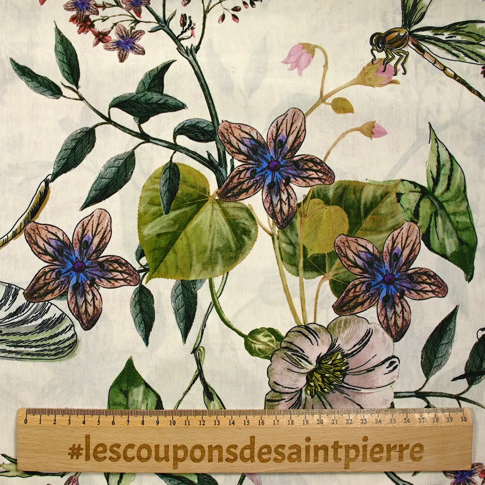 Crêpe de polyester fin imprimé bande de fleurs fond écru