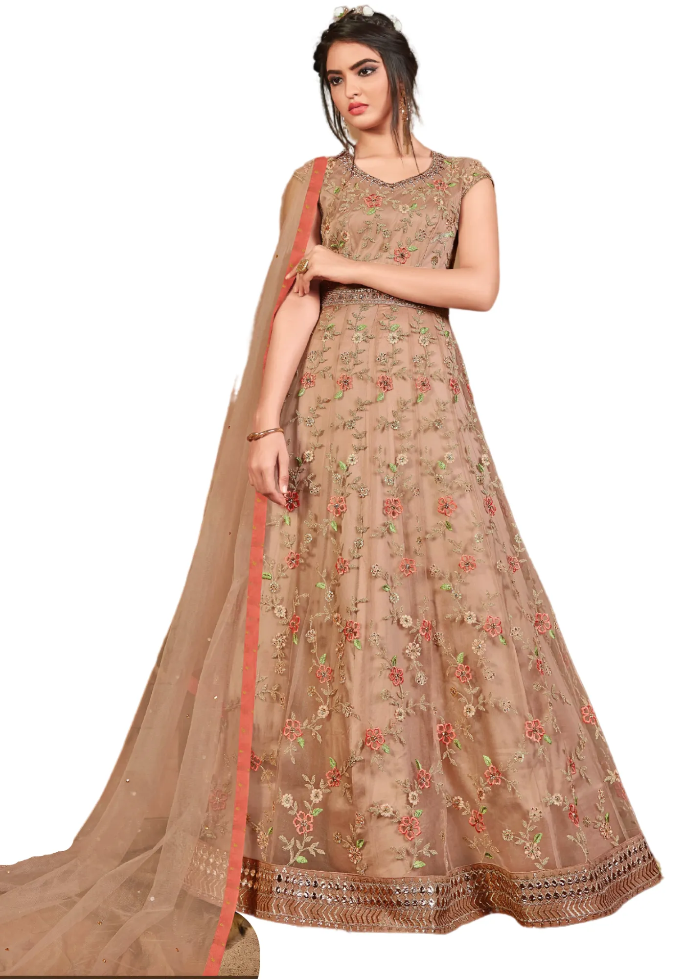 Robe de soirée fleuri beige Indila