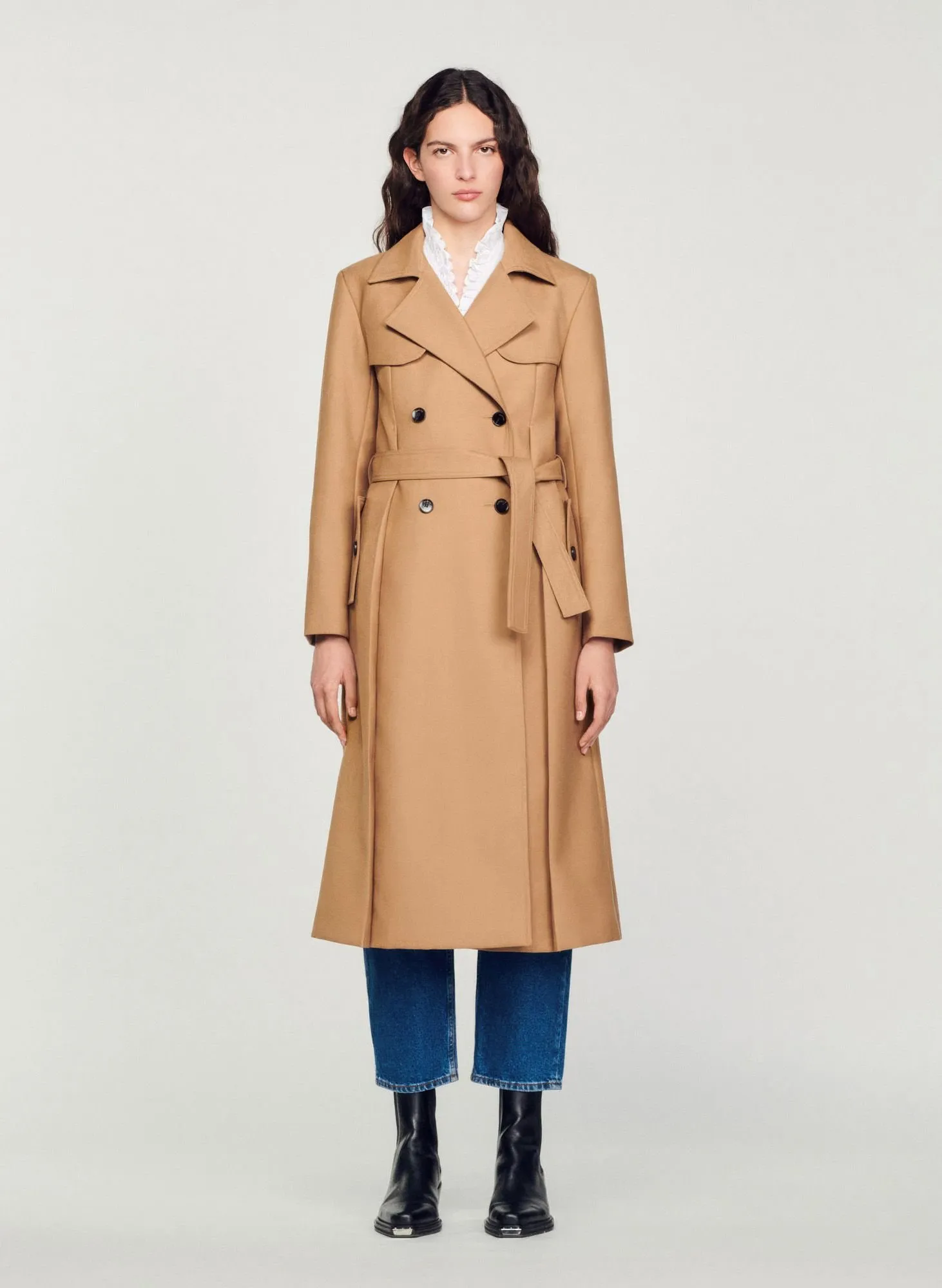 TRENCH LONG COL TAILLEUR CEINTURé - SANDRO pour FEMME | Printemps